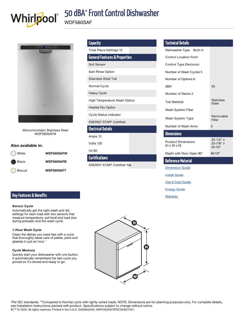First page image of the manual for WDF560SAFT