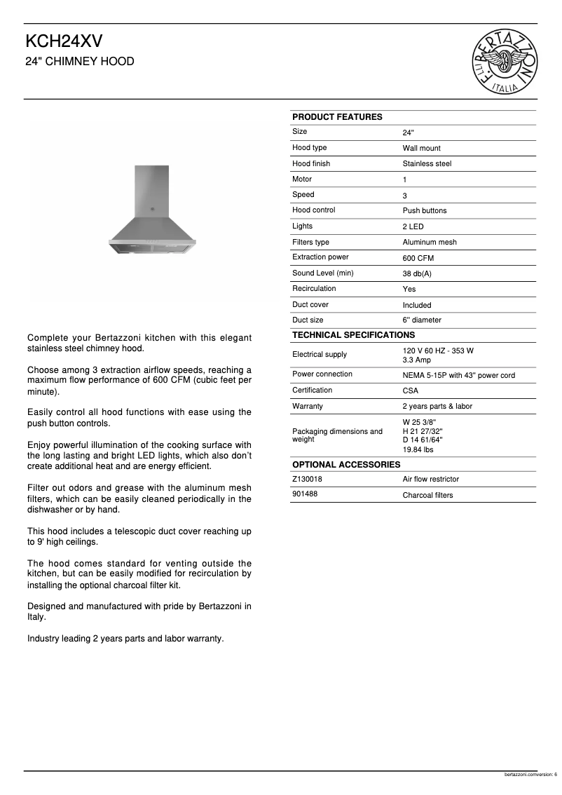 Page 1 of the manual Technical Sheet Bertazzoni KCH24XV