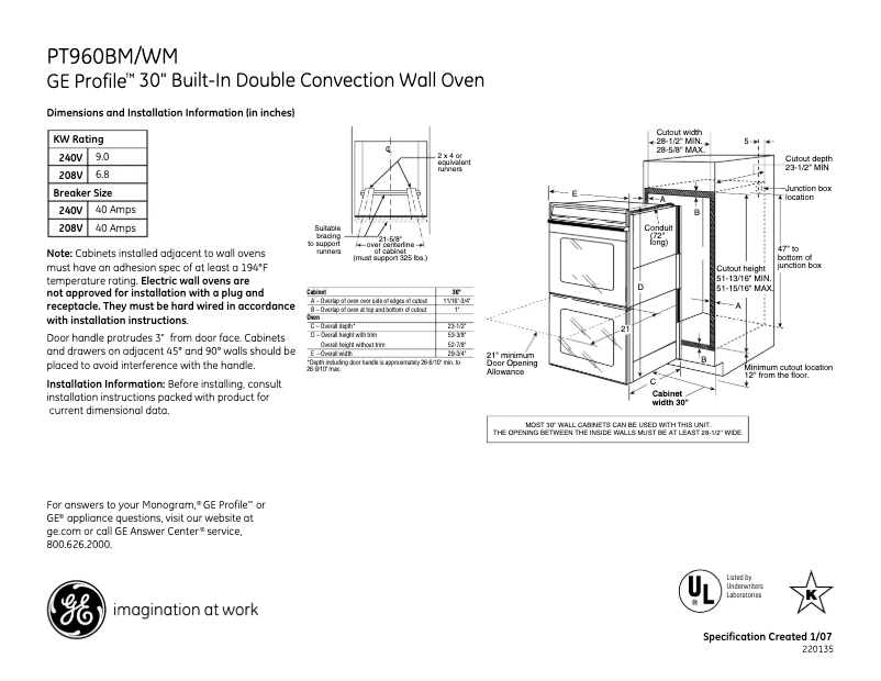 Page 1 of the manual Technical Sheet GE Profile PT960WMWW