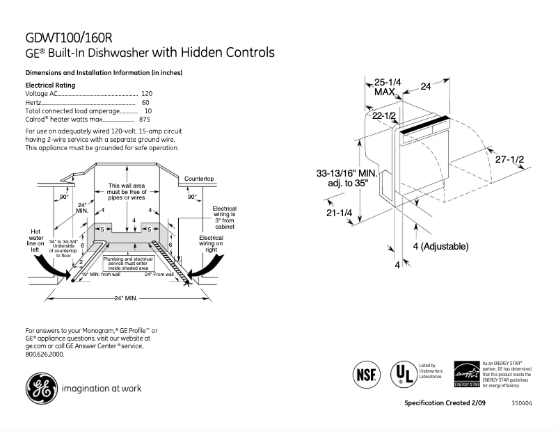 Page 1 of the manual Technical Sheet GE GDWT160RSS