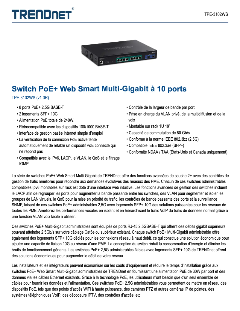 Page 1 of the manual Technical Sheet TRENDnet TPE-3102WS