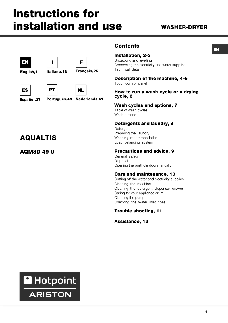 First page image of the manual for AQM9D 49 U EU A
