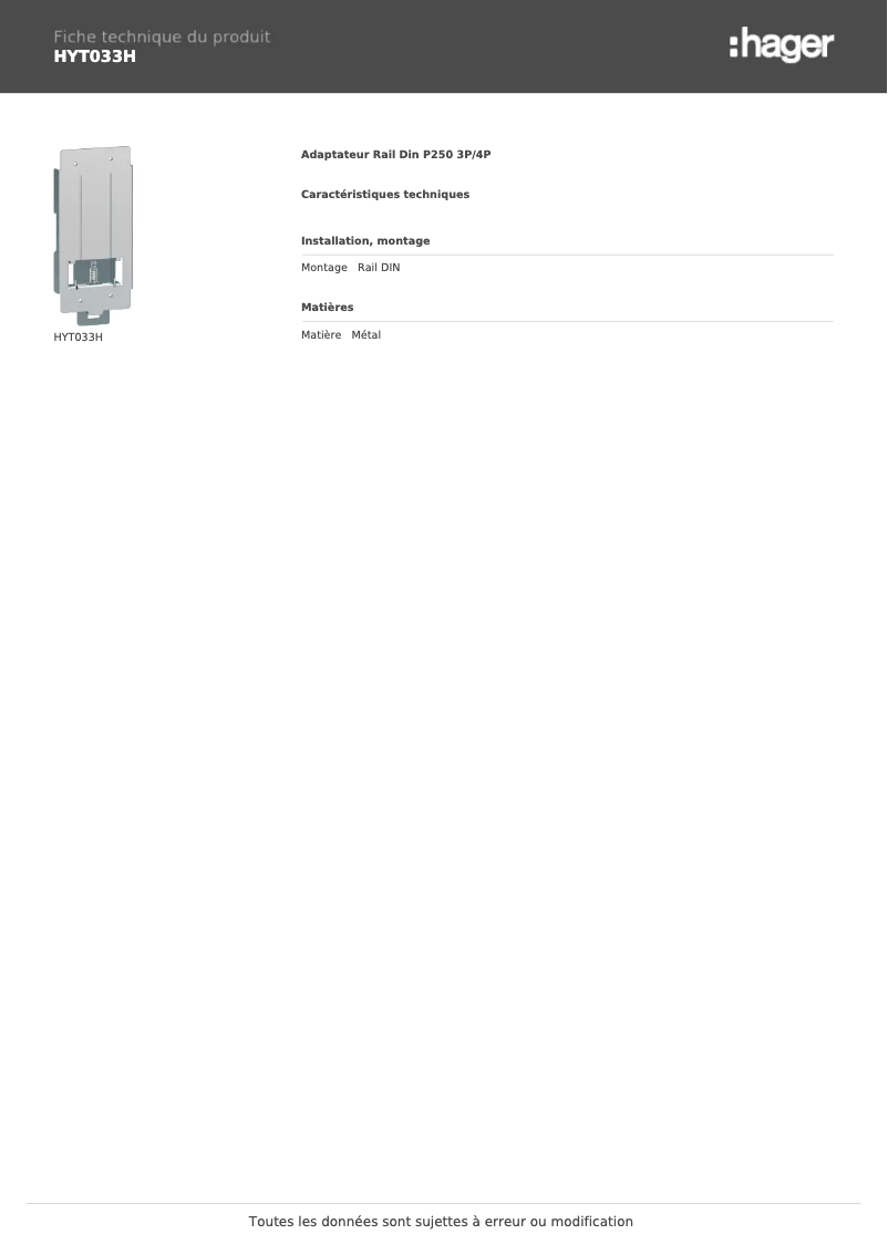 Page 1 of the manual Technical Sheet Hager HYT033H