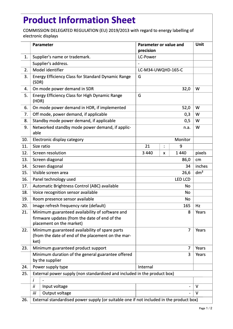 Page 1 of the manual Technical Sheet LC-Power LC-M34-UWQHD-165-C