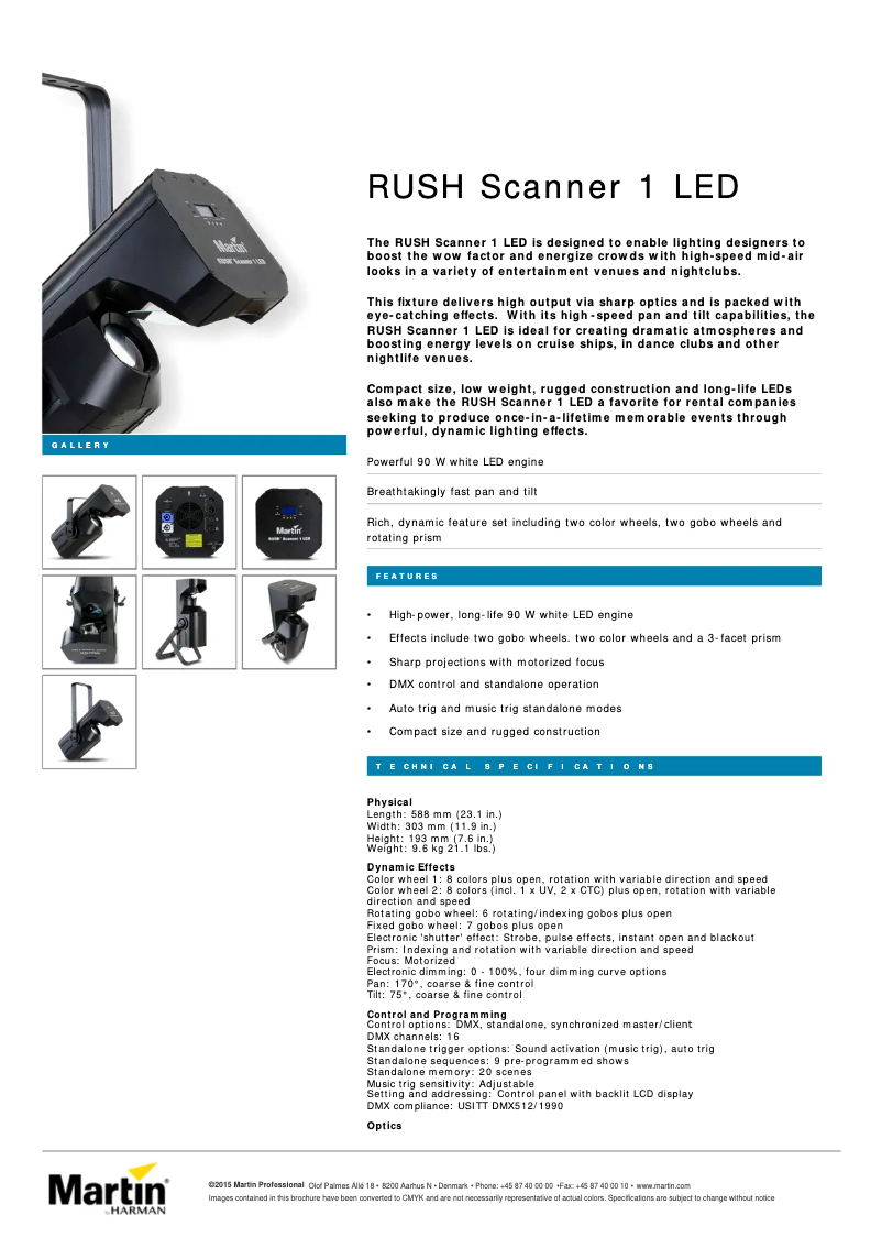 Page 1 of the manual Technical Sheet Martin RUSH Scanner 1 LED