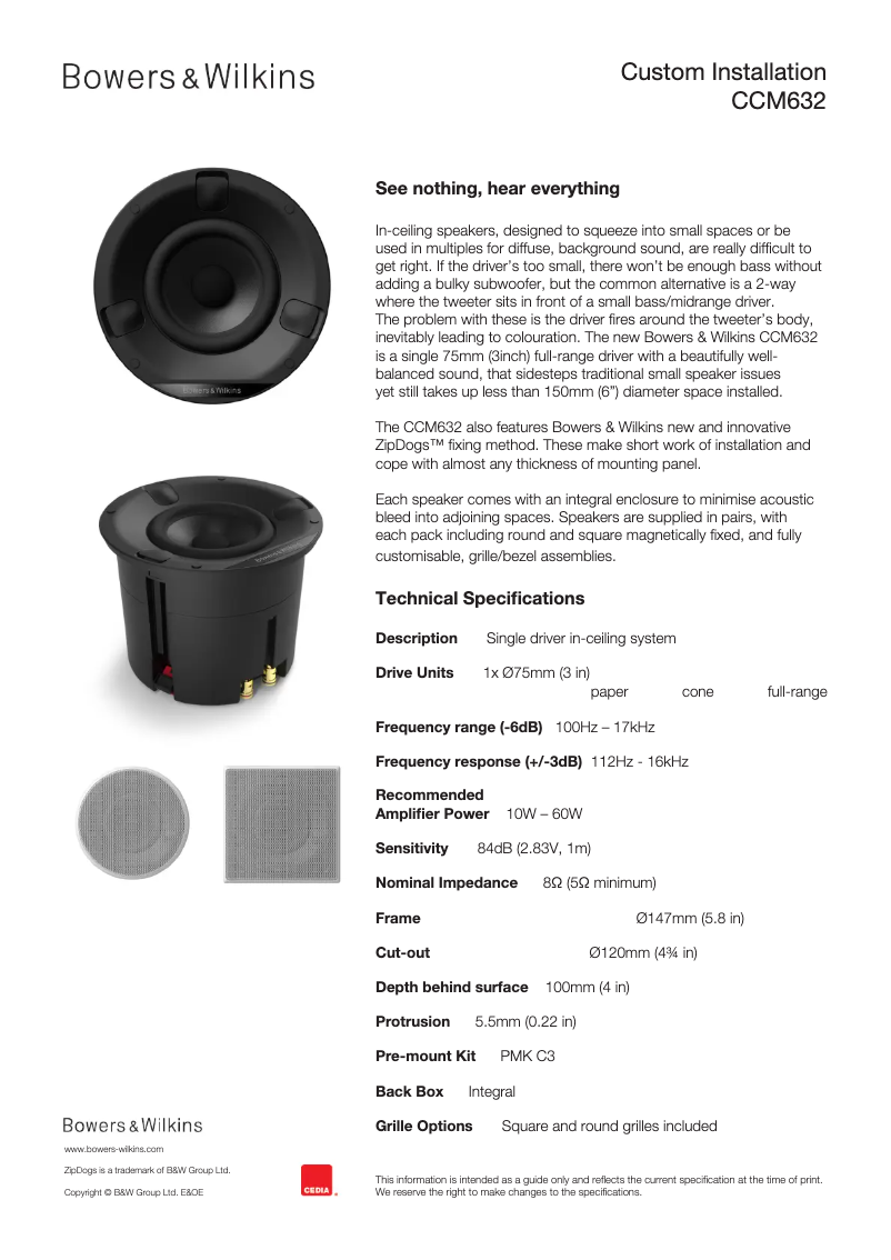 Page 1 of the manual Technical Sheet Bowers & Wilkins Performance Series CCM632