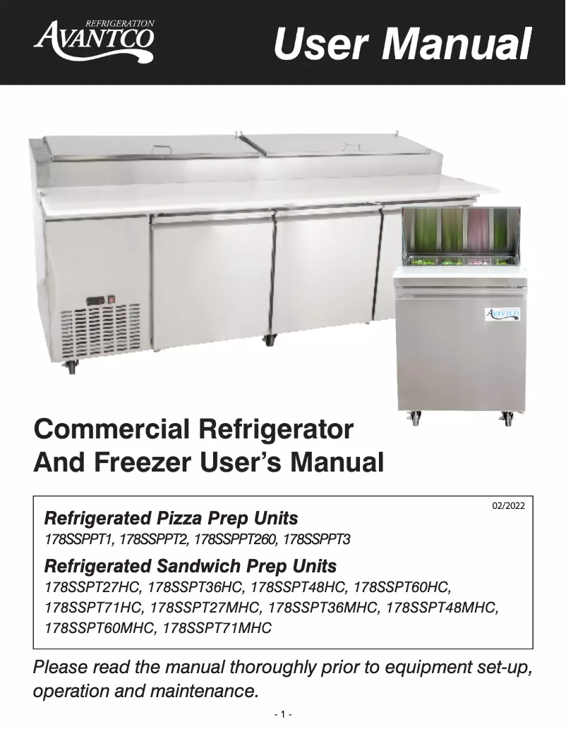 Page 1 of the manual User Manual Avantco SS-PT-60M-HC