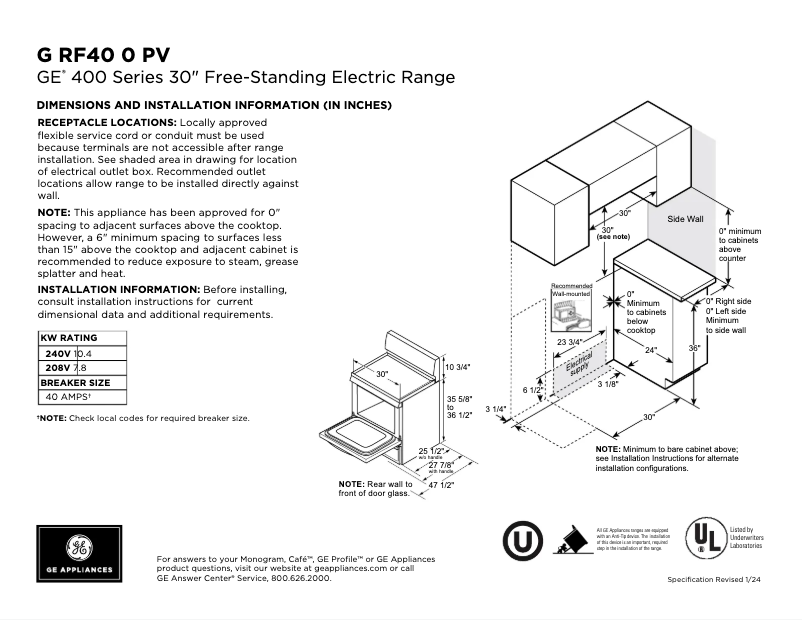 Page 1 of the manual Technical Sheet GE GRF400PVWW