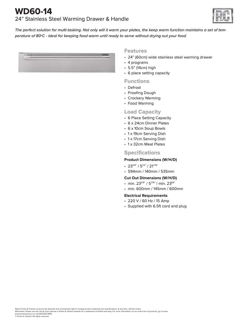 Page 1 of the manual Technical Sheet Porter & Charles WD60-14