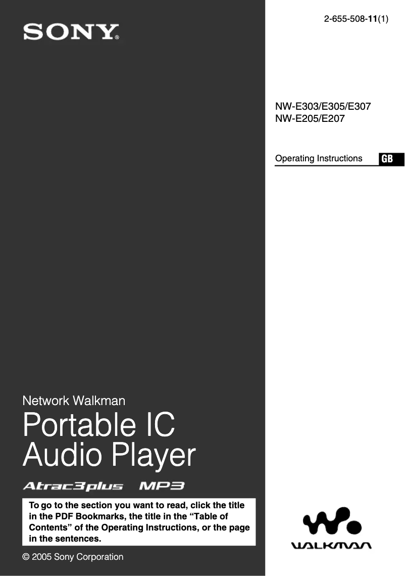 First page image of the manual for Walkman NW-E305