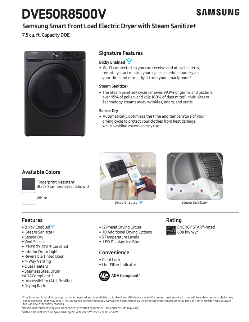 Page 1 of the manual Technical Sheet Samsung DVE50R8500W