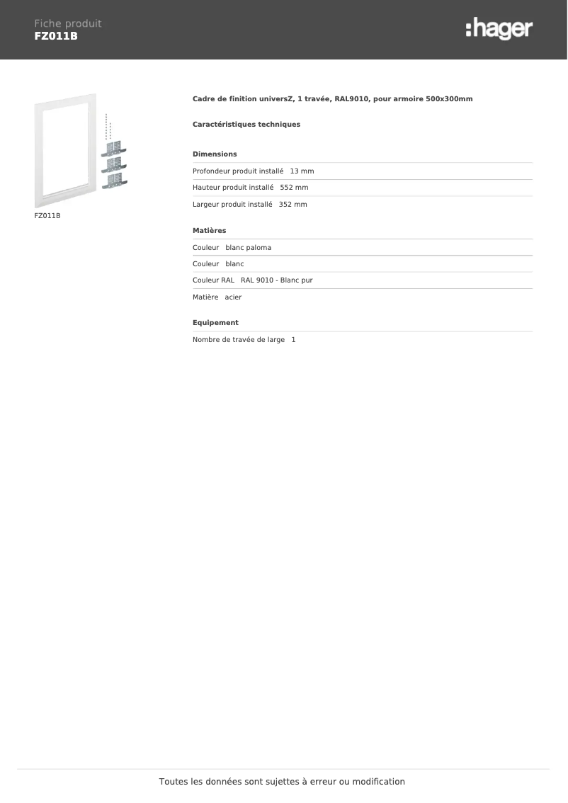 Page 1 of the manual Technical Sheet Hager FZ011B