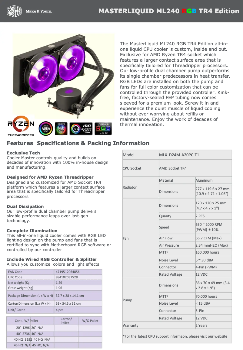 Page 1 of the manual User Manual Cooler Master MasterLiquid ML240 TR4