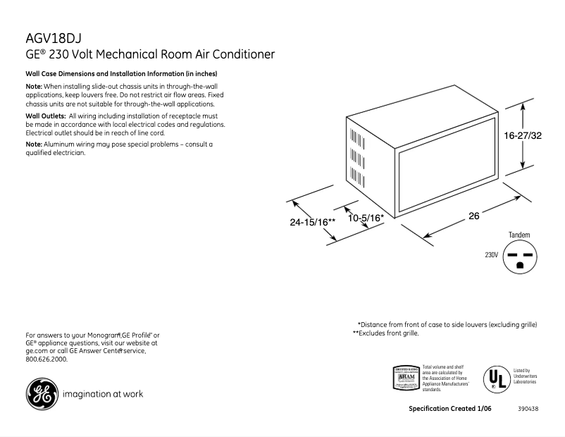 Page 1 of the manual Technical Sheet GE AGV18DJ