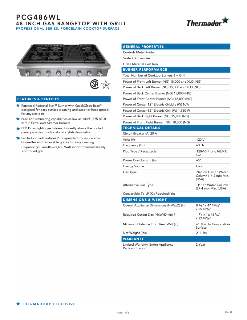 Page 1 of the manual Technical Sheet Thermador PCG486WL