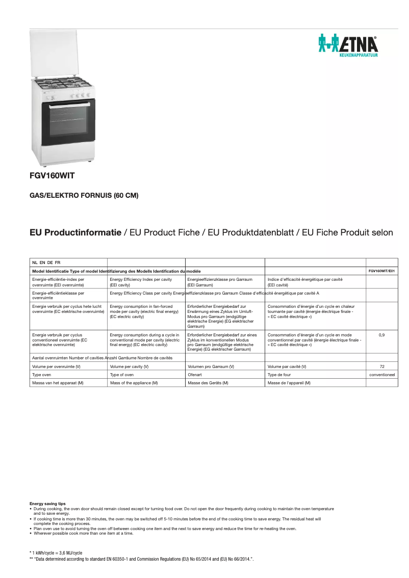 Page 1 of the manual Technical Sheet Etna FGV160WIT