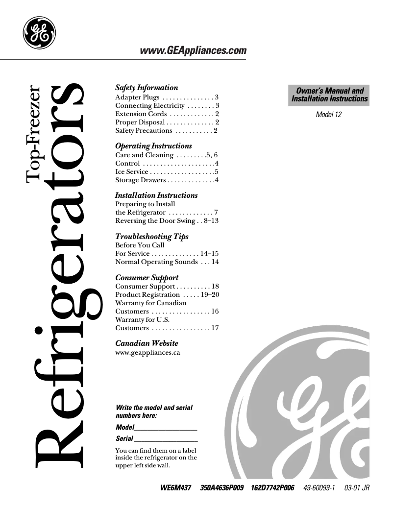 First page image of the manual for TBX12SAXLWH