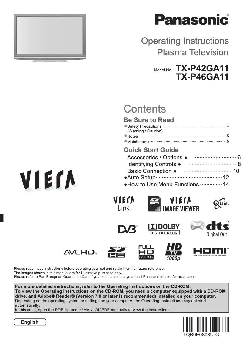 First page image of the manual for Viera TX-P46GA11