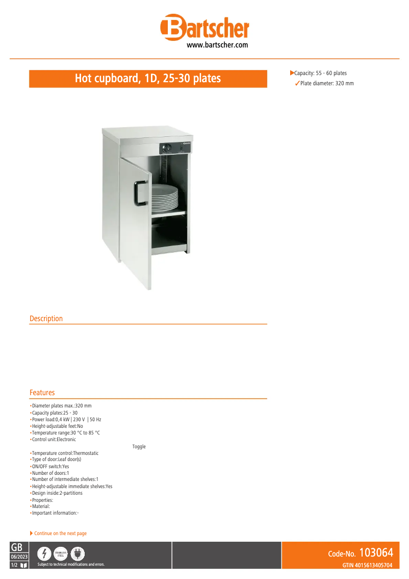 Page 1 of the manual Technical Sheet Bartscher 103064