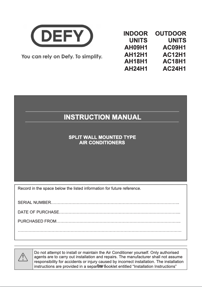 Page 1 of the manual User Manual Defy AC24H1