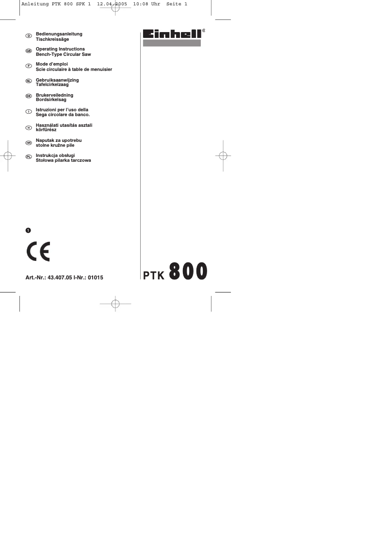 First page image of the manual for PTK 800