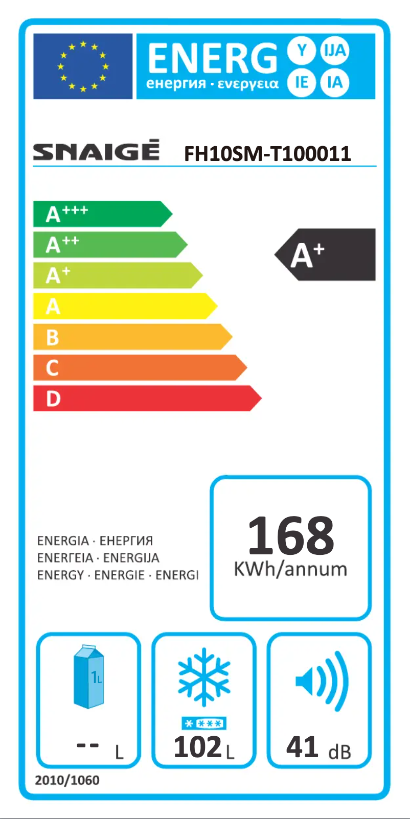 Page 1 of the manual Energy Label Snaigė FH10SM-TM000F1