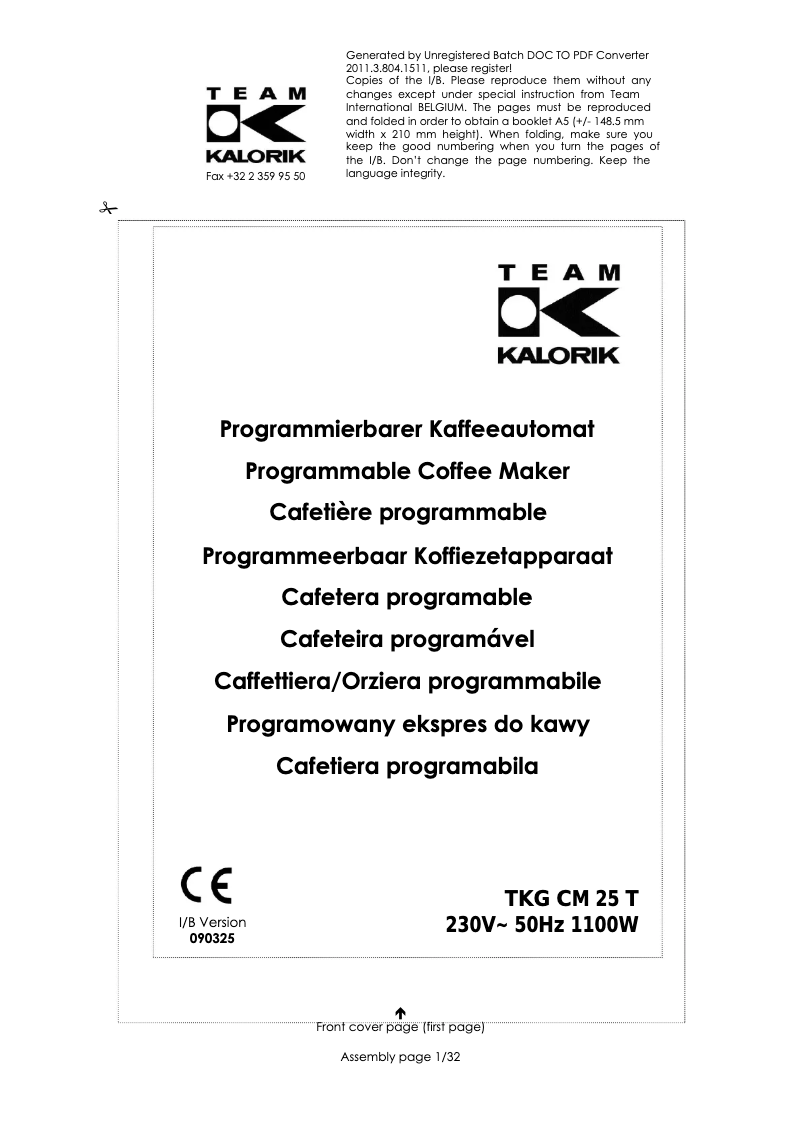 Page 1 of the manual User Manual Kalorik TKG CM 25 T