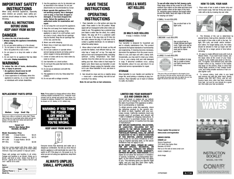 First page image of the manual for Curls & Waves HS11RX