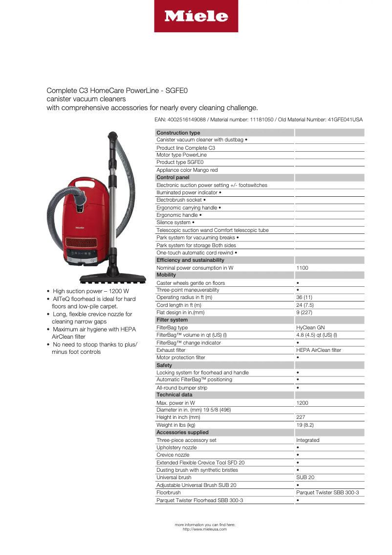 Page 1 of the manual Technical Sheet Miele Complete C3 HomeCare