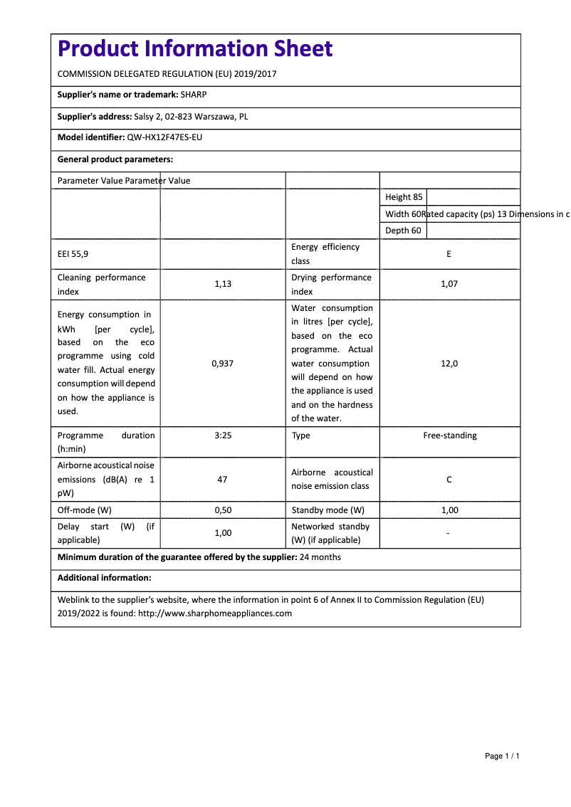 First page image of the manual for QW-HX12F47ES-EU