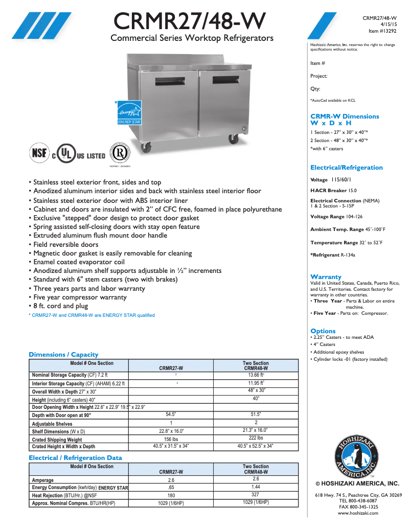 Page 1 of the manual Technical Sheet Hoshizaki CRMR48-W