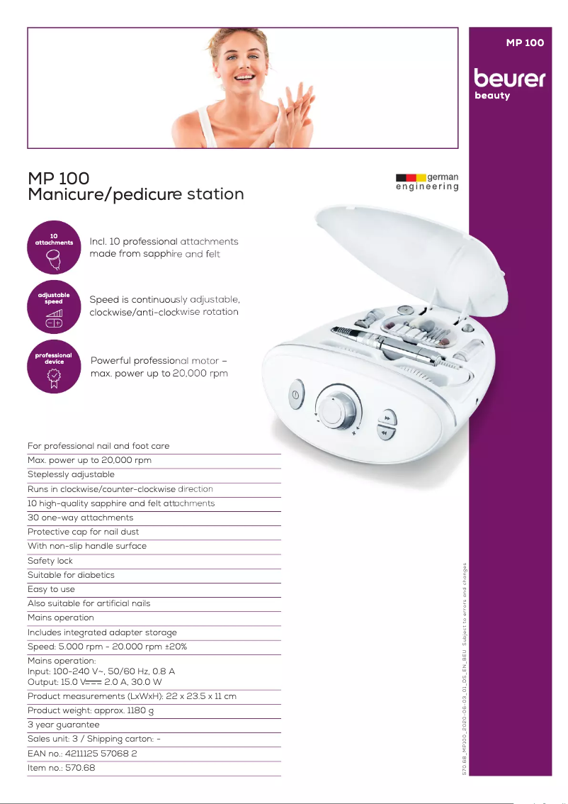 Page 1 of the manual Technical Sheet Beurer MP 100