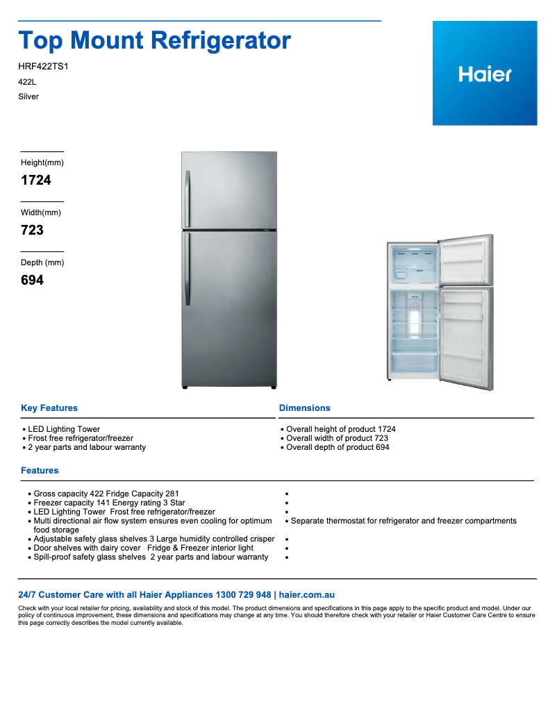First page image of the manual for HRF422TS1