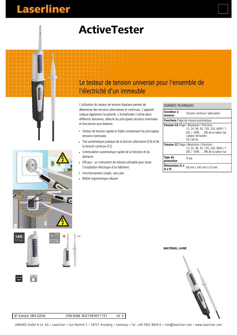 Page 1 of the manual Technical Sheet Laserliner ActiveTester