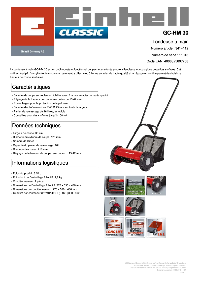 Page 1 of the manual Technical Sheet Einhell GC-HM 30
