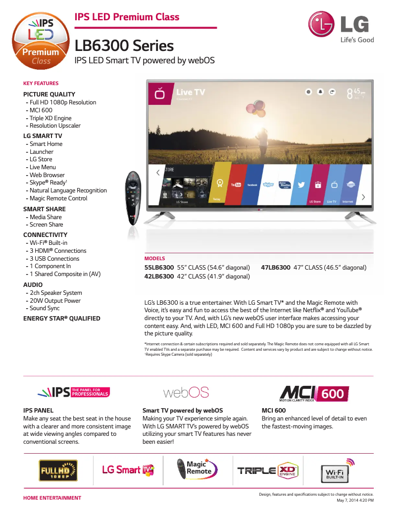 Page 1 of the manual Technical Sheet LG 47LB6300