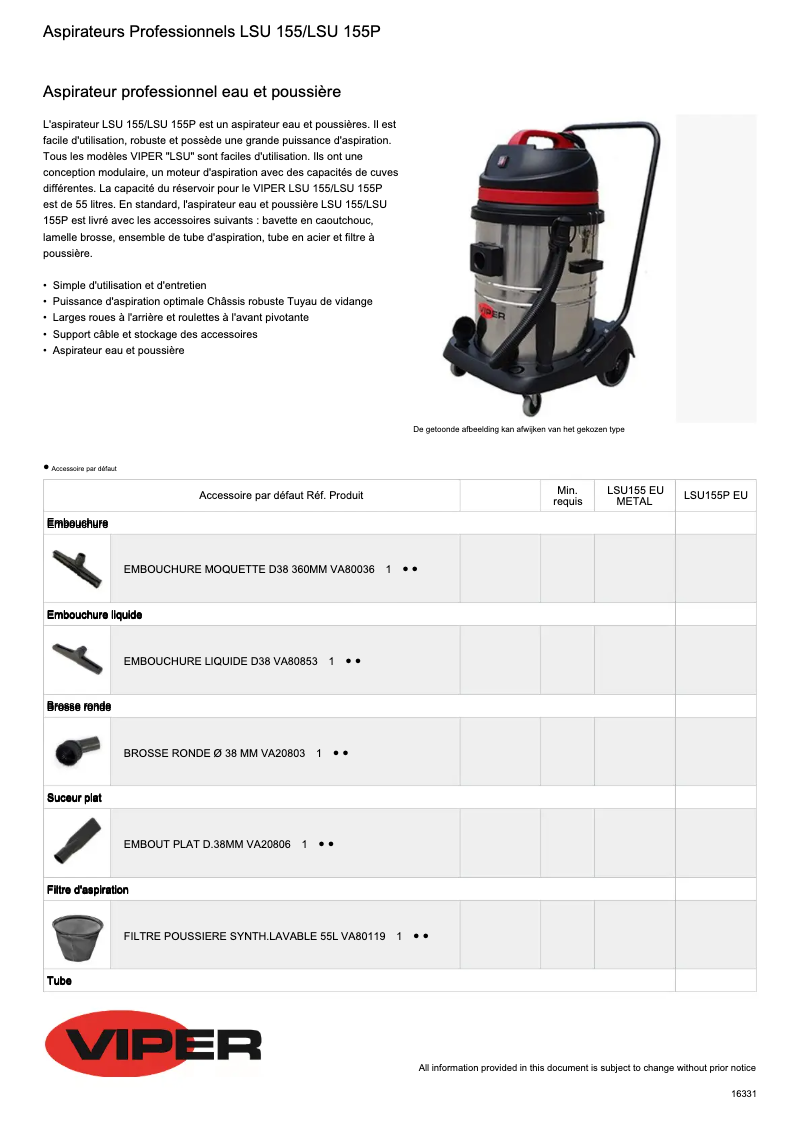 Page 1 of the manual Technical Sheet Nilfisk Viper  LSU155