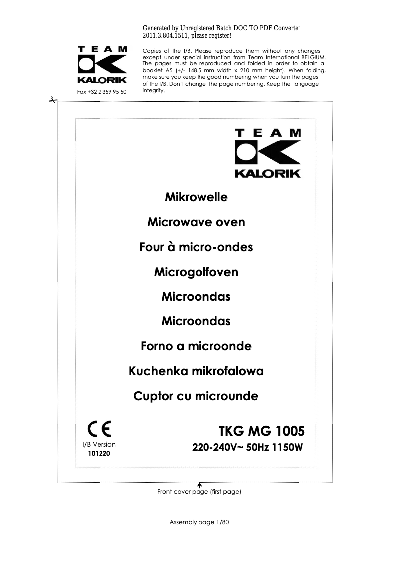 First page image of the manual for TKG MG 1005