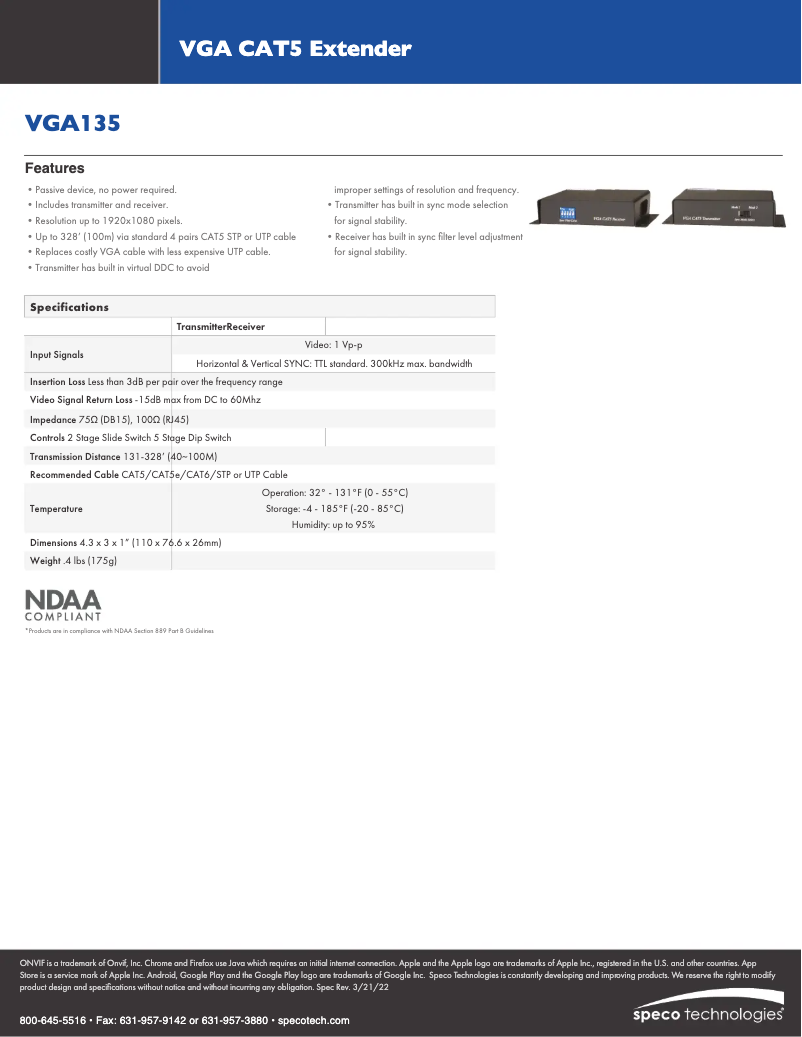 Page 1 of the manual Technical Sheet Speco Technologies VGA135