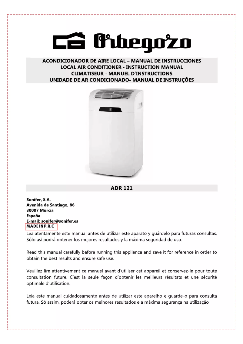 Page 1 of the manual User Manual Orbegozo ADR121