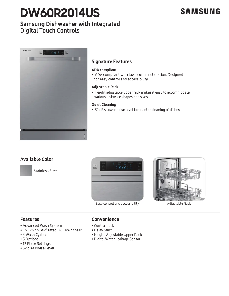 Page 1 of the manual Technical Sheet Samsung DW60R2014US