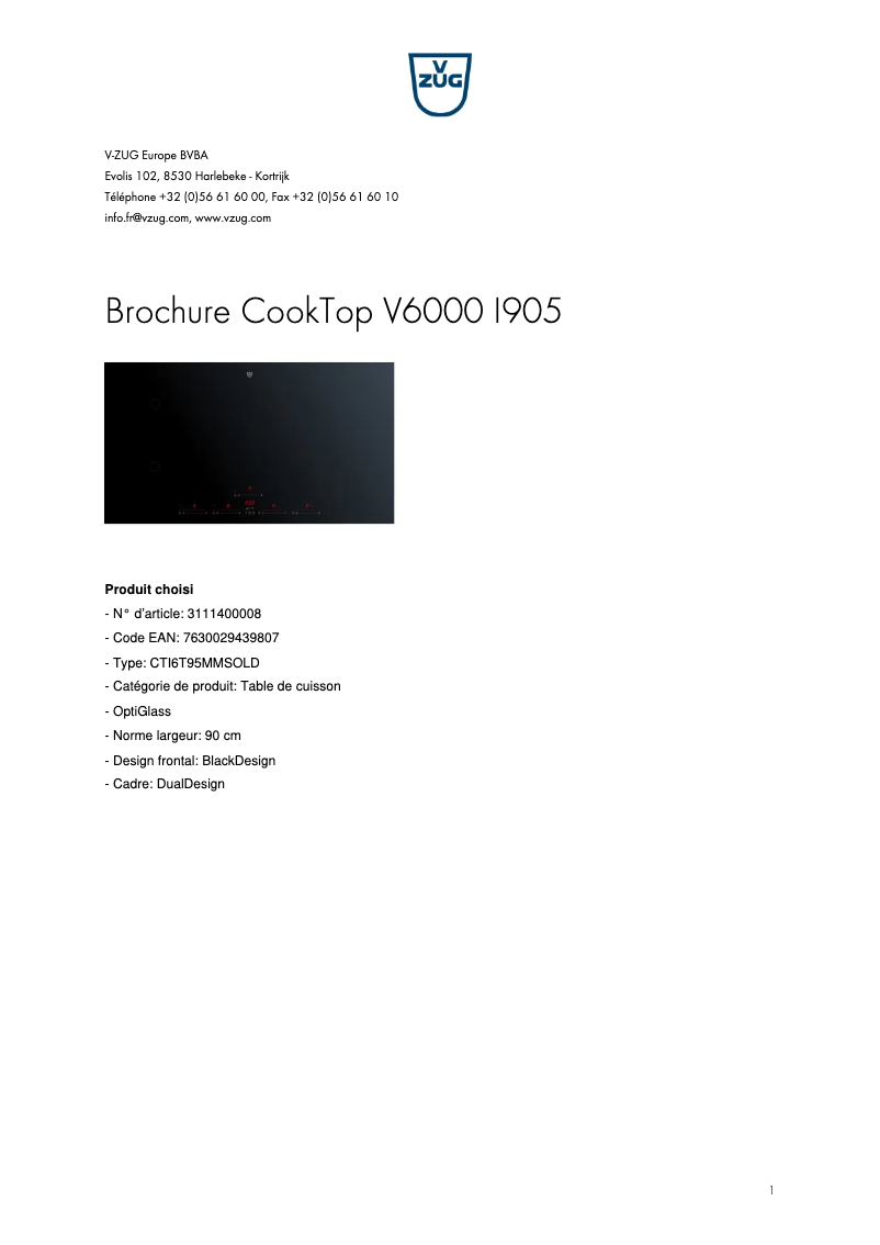 First page image of the manual for CookTop V6000 I905