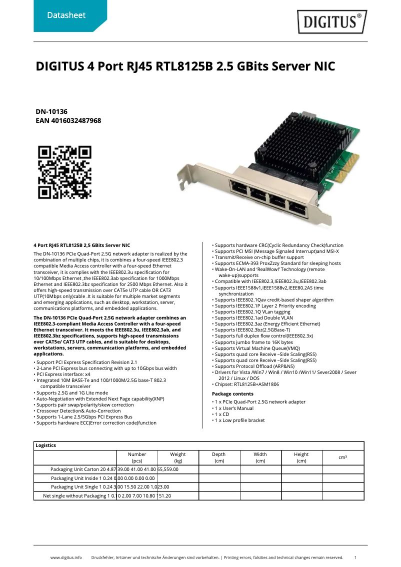 Page 1 of the manual Technical Sheet Digitus DN-10136