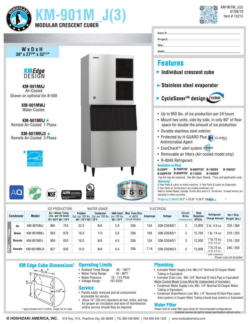Page 1 of the manual Technical Sheet Hoshizaki KM-901MAH