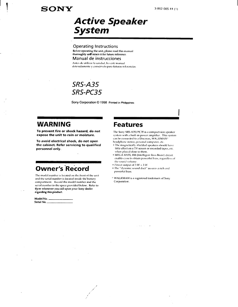 First page image of the manual for SRS-PC35