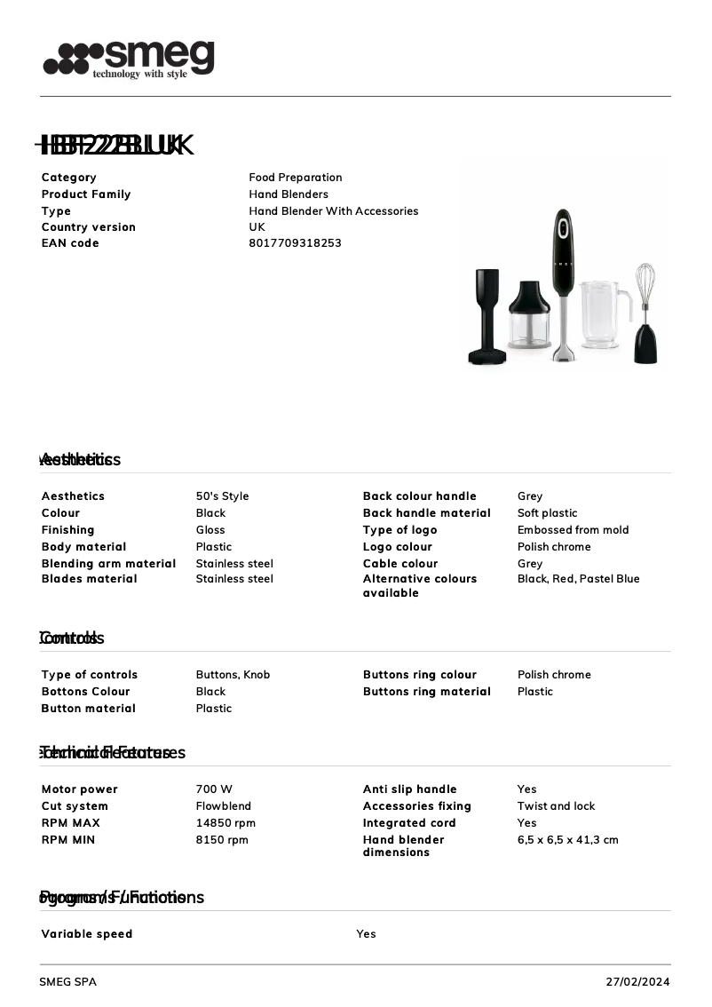 Page 1 of the manual Technical Sheet Smeg HBF22BLUK