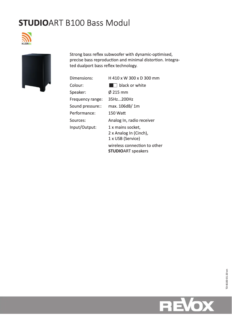 Page 1 of the manual Technical Sheet Revox Studioart B100