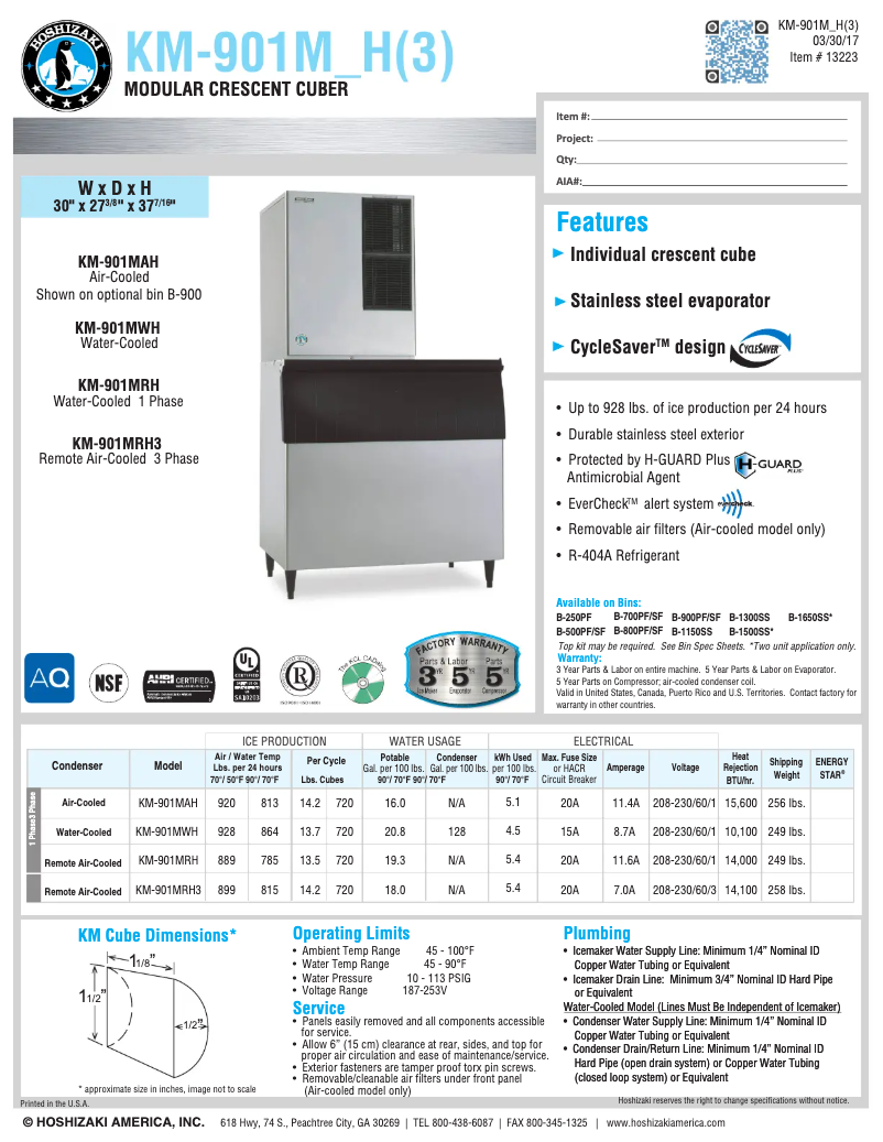 Page 1 of the manual Technical Sheet Hoshizaki KM-901MRH3