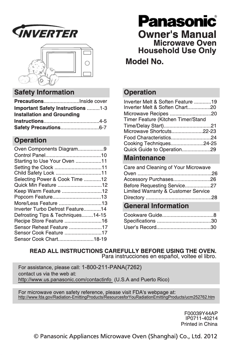 Page 1 of the manual User Manual Panasonic Inverter NN-SD681S