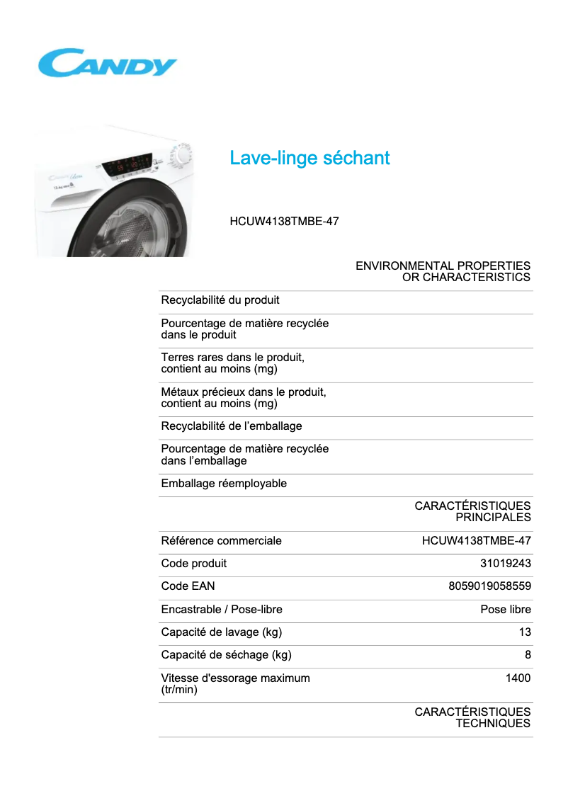 Page 1 of the manual Technical Sheet Candy HCUW4138TMBE-47